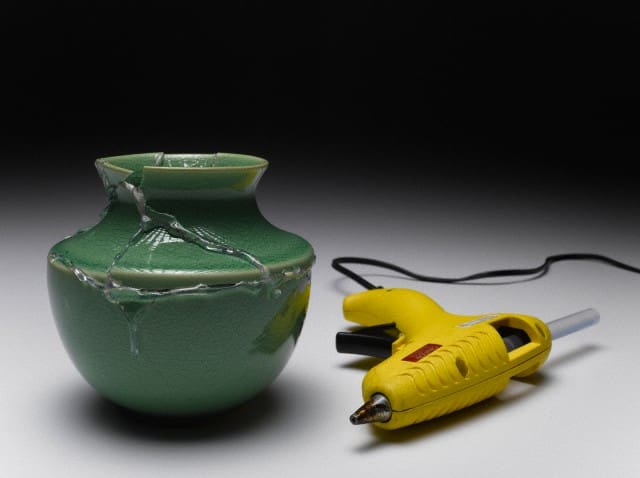 Broken green vase glued together beside yellow glue gun